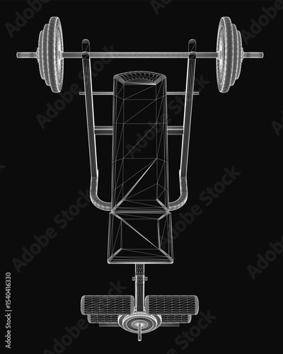 A 3D model of a bench press with a barbell resting on top, featuring detailed metal construction and textured padding. The black background highlights the equipment's sleek design