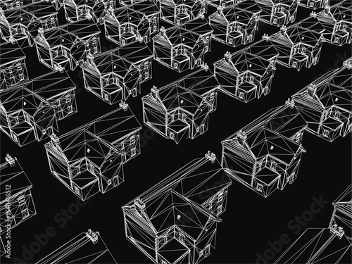 A black and white 3D model of houses arranged in a grid pattern on a dark background, each with unique architectural details. The clean lines and realistic textures create a striking contrast.