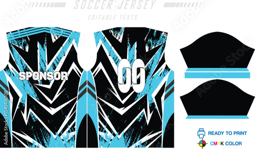 Sport jersey design template with grunge line halftone pattern background. Sport uniform in front & back view. Shirt mock up for sport club.
