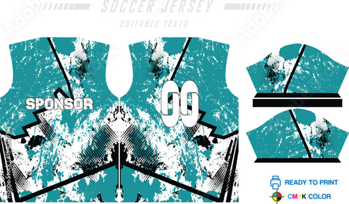 Sport jersey design template with grunge line halftone pattern background. Sport uniform in front & back view. Shirt mock up for sport club.