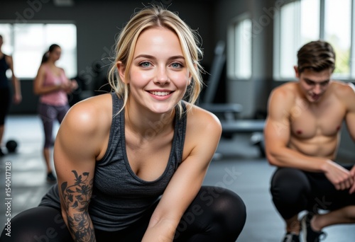 Fit Young Woman with Tattoo at the Gym Smiling Fitness Workout