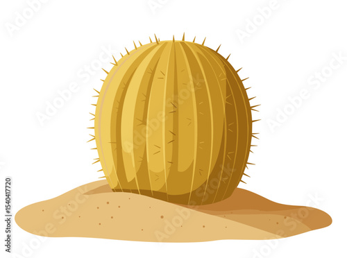 Vector illustration of barrel cactus with sharp spines and vertical ridges, buried in light brown desert sand, great for nature prints or botanical references

