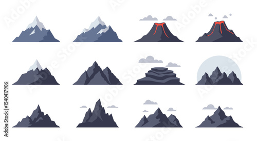 Mountain icon set in flat design, featuring various mountain shapes and styles in a vector illustration format for outdoor and adventure themes

