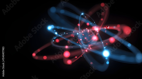 Atom model with blue and red glowing electrons swirling around photo