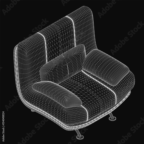 Wireframe chair in 3D model form, showcasing realistic structure and clean lines on a sleek black background. The sofa design features detailed edges and a transparent aesthetic, highlighting its.