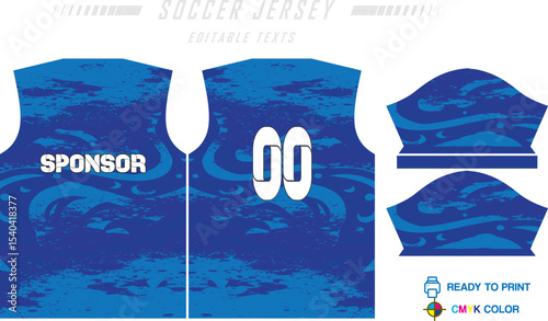 Sport jersey design template with grunge line halftone pattern background. Sport uniform in front & back view. Shirt mock up for sport club.