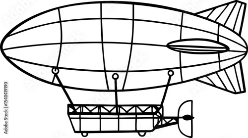 Vintage airship illustration black and white dirigible outline, passenger blimp isolated on white background, retro flying balloon