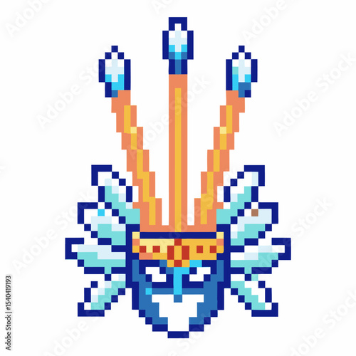 Pixel art tribal mask with feathers and geometric blue, white, and orange patterns ethnic cultural digital illustration