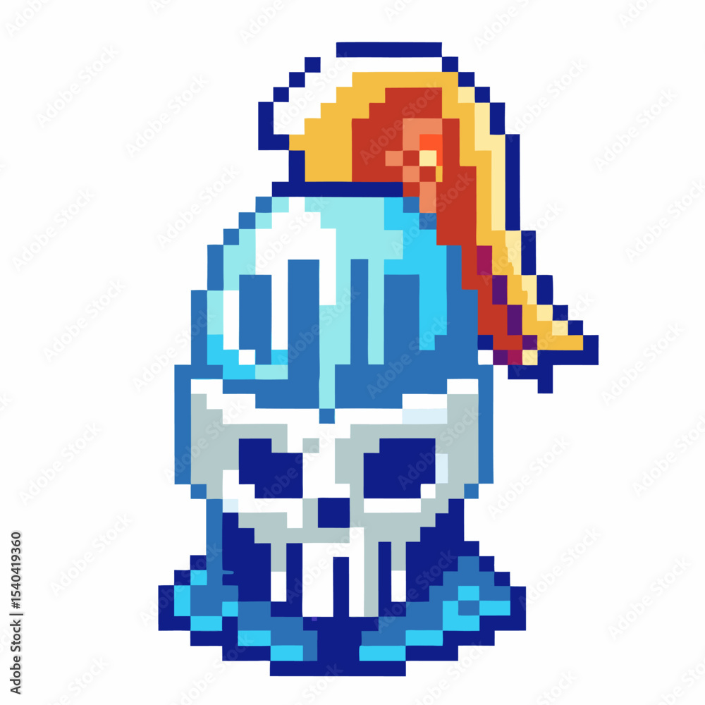 Obraz premium Pixel art blue and white skull knight helmet with orange plume, retro video game icon, medieval fantasy adventure sprite