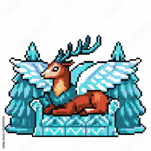 Majestic pixel art deer with antlers resting on icy blue throne, fantasy mythical creature winter illustration