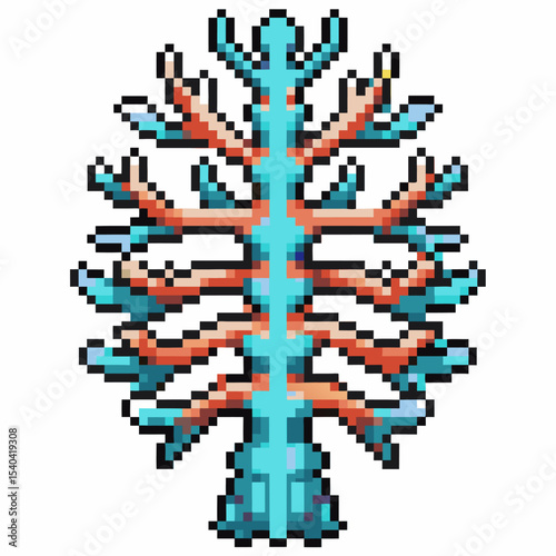 Pixel art stylized coral tree abstract aquatic marine organism, blue and red branches, isolated on white, retro digital illustration