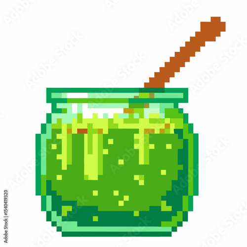 Pixel art jar of green slime with stick retro digital icon, pixelated glass container, toy goo concept, playful gooey texture