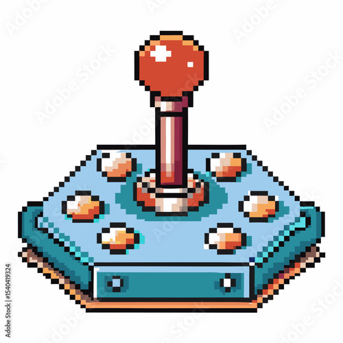 Retro arcade joystick controller classic gaming interface, pixel art with colorful buttons and metal base, nostalgic entertainment