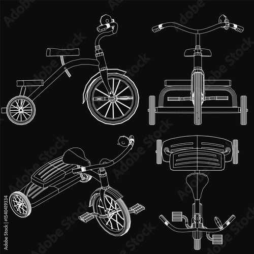 Four colorful children's tricycles arranged in a row on a sleek black background, each with a unique design and vibrant hues. The modern styles range from bold primary colors to soft pastel tones,.