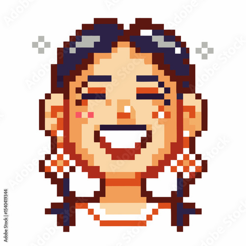 Pixel art joyful girl smiling with pigtails, earrings, and flushed cheeks, expressing happiness and positive vibrant emotion