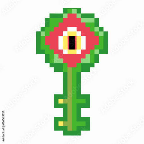 Pixel art fantasy key with red and green design, single yellow eye in center, retro video game unlock magic object