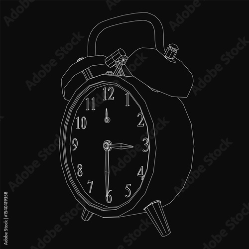 Black and white alarm clock with a white face, black numbers, and hands stands out against a solid black background. The clock features a black handle and a clean, minimalist design.
