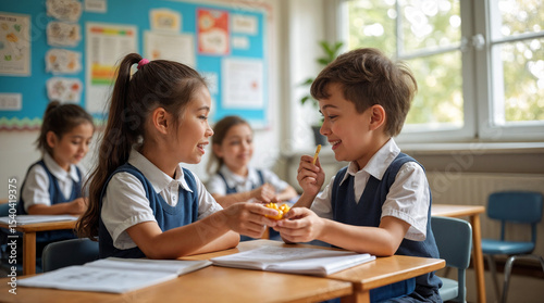 Two young schoolchildren sharing snacks and smiling in classroom for International Friendship Day  