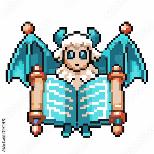 Pixel art fantasy creature with sheep head, blue bat wings, woolly body, and magical book retro game design mascot