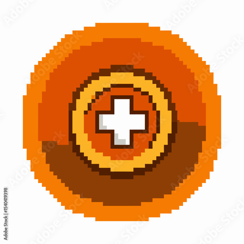 Pixel art health icon with medical cross in orange circular shape, retro 8 bit symbol for video game interface