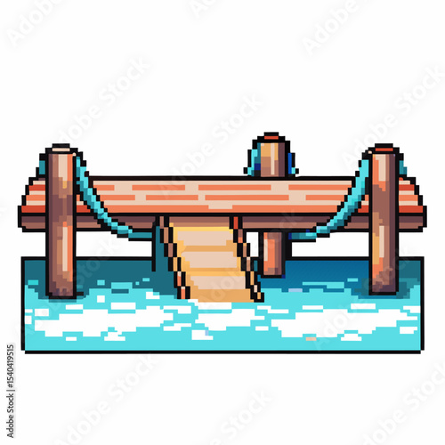 Pixel art wooden pier with rope railing over water, retro platform with steps, classic video game bridge asset