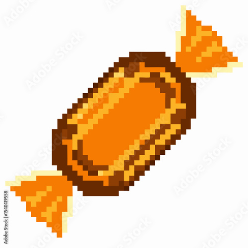 Pixel art wrapped candy illustration retro orange sweet with twisted ends, nostalgic digital confection isolated on white