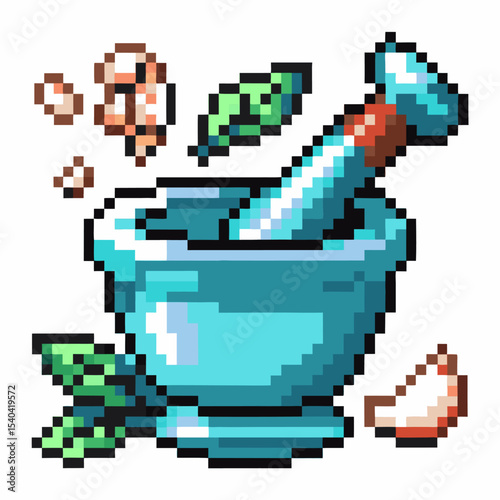 Pixel art blue mortar and pestle with herbs and garlic retro culinary medicine tool for grinding, mixing, preparation