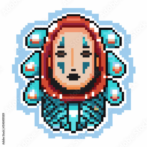 Pixel art futuristic cyber mask with geometric shapes, blue and red tones, digital sci fi character illustration