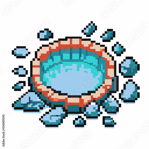 Pixel art old water well, stone and brick surrounded, clear blue pool, retro gaming icon, resource and fantasy element