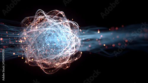 Digital wireframe atomic nucleus with dynamic motion blur photo