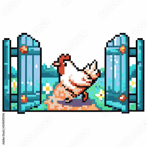 Pixel art chicken standing in sunlight, blue garden fence open, spring flowers blooming, colorful countryside scene