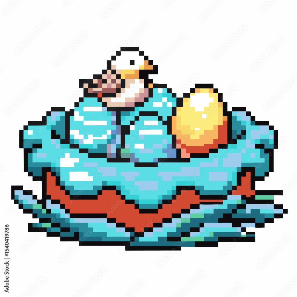 Pixel art bird sitting in nest with blue eggs and golden egg cute retro digital illustration of animal motherhood Pixel art bird sitting in nest with blue eggs and golden egg cute retro digital illustration of animal motherhood