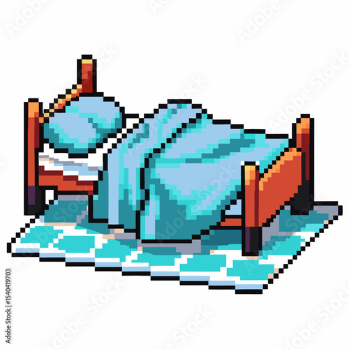 Pixel art cozy bed with pillows and blanket on patterned rug retro bedroom furniture, relaxation and sleep illustration