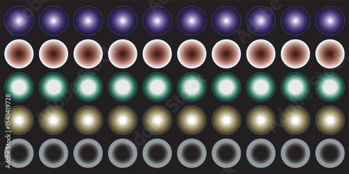 Halftone dotted circle set. Circular halftone gradient multi color vector. Isolated on black background.