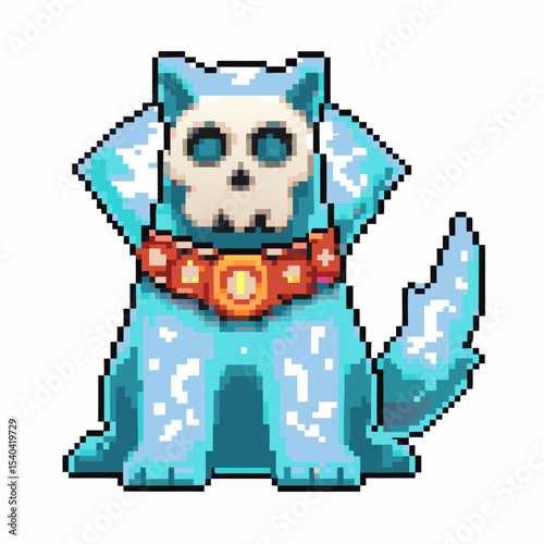 Blue pixel art dog with a mystical skull mask and ornate collar, retro fantasy creature, mythical digital animal