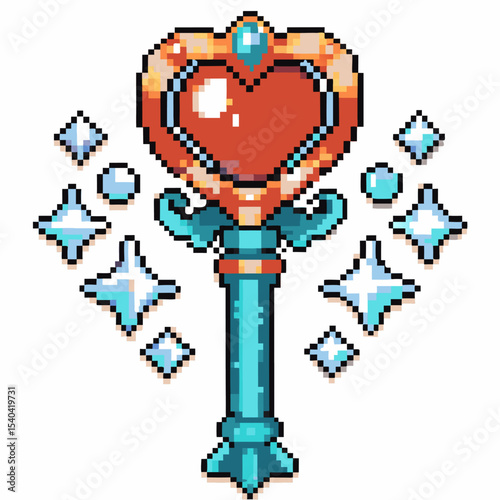 Pixel art heart shaped magic key with gemstones and sparkling stars retro fantasy game isolated on white background