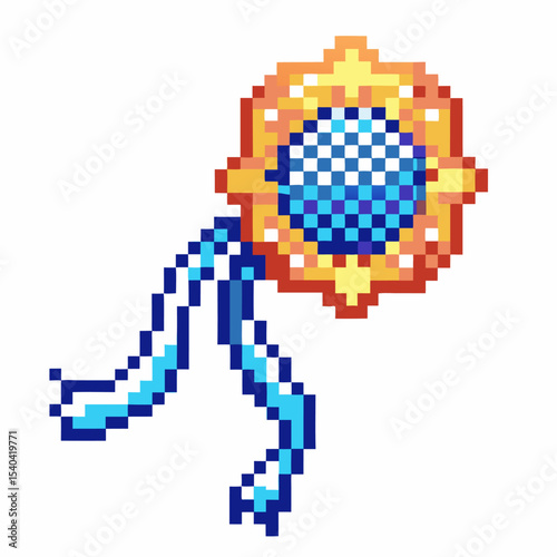 Pixel art rosette ribbon with blue center, gold outline, and flowing blue streamers retro award, achievement, digital badge