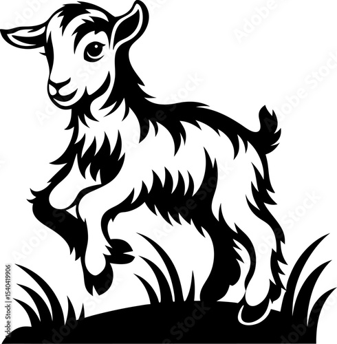 Playful baby goat jumping in field cute farm animal, joyful kid, black and white illustration, rural countryside life