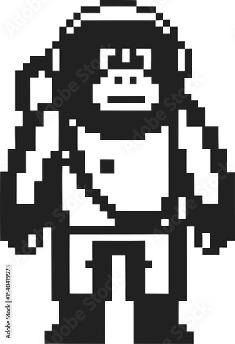 Pixel art astronaut gorilla in spacesuit, black and white retro 8 bit character, isolated  illustration