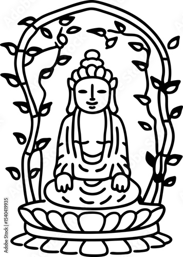 Peaceful buddha meditating under vine arch tranquil mindfulness, zen meditation, spiritual calm, enlightenment, inner harmony