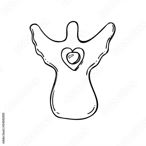 Handcrafted Christmas angel doll with central bell black and white vector illustration. Traditional Xmas wooden element line art sketch for decorations, festive packaging and rustic seasonal posters