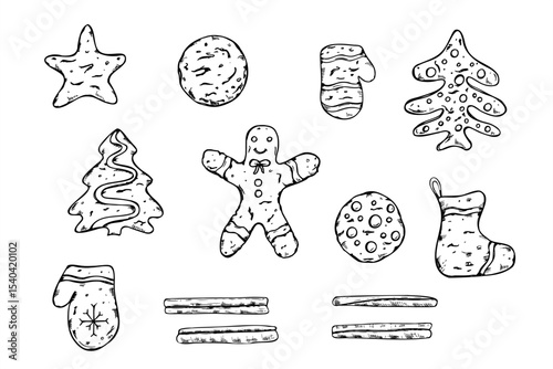 Monochrome vector set of Christmas gingerbread cookies with cinnamon sticks painted by black inks. Men, star, mitten, boot, tree shape etching drawing for holiday baking packaging, festive recipe book