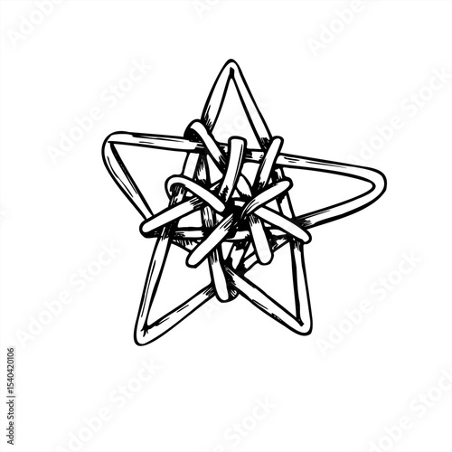 Black and white vector illustration of traditional woven willow star painted by black inks. Handcrafted wicker element for Scandinavian Christmas decor, eco friendly holiday, rustic wedding ornaments