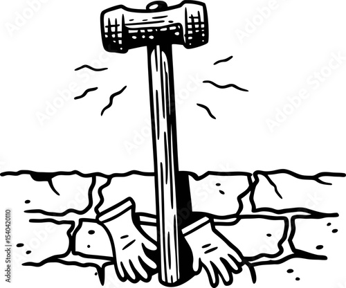 Hammer driving into cracked stone surface with protective gloves manual labor tool impact, stonework construction safety concept