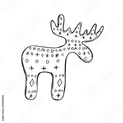 Scandinavian style wooden moose figurine with traditional Nordic patterns monochrome vector illustration. Deer animal silhouette graphic sketch for winter holiday designs, minimalist home decor
