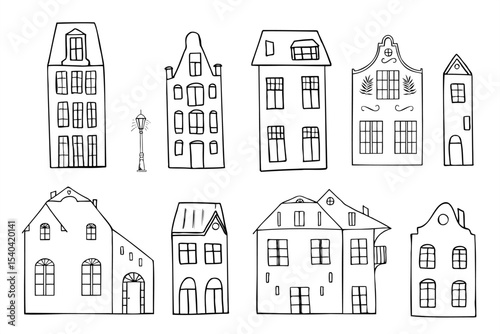 Monochrome vector set of Gothic style European houses with architecture. Town silhouettes graphic sketch for fairy tale books, historical game assets, vintage Christmas decor, fantasy themed design