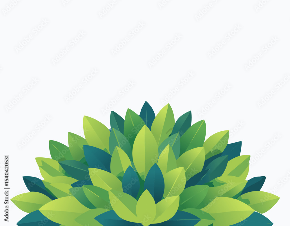 Stylized leafy bush growing upward, smooth green leaves in different shades, flat digital art, clear white space on top for message or branding.