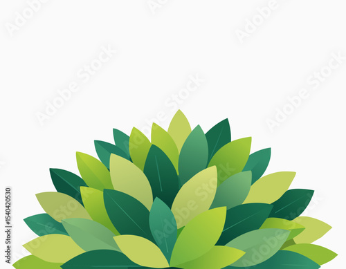 Minimal bush plant with various green leaves arranged in a neat round shape, clean white backdrop, modern flat look, room for text above, fresh spring nature vibe.