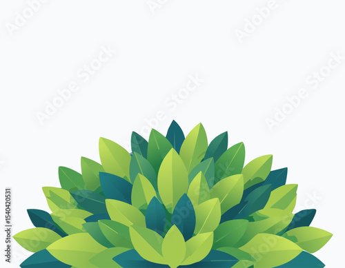 Stylized leafy bush growing upward, smooth green leaves in different shades, flat digital art, clear white space on top for message or branding.