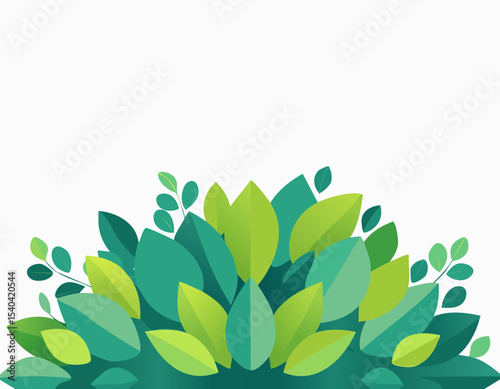 Fresh green foliage bush with layered leaves, simple flat style, large empty white background with copy space, bright nature illustration for decorative eco design.